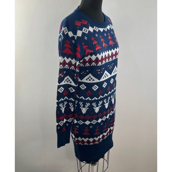 TIPSY ELVES Blue Red White Sweater Dress Knit Sequin Fair Isle Size Large L NEW - Picture 6 of 12